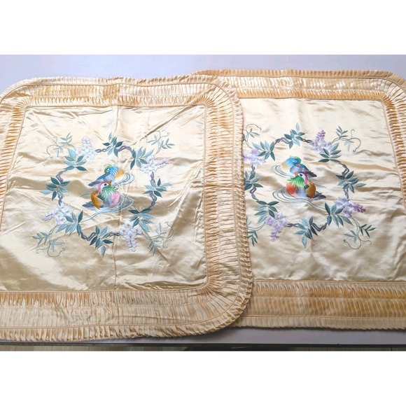 Vtg bai hau Peach Satin Pillow Cover Embroidered Mandarin Ducks GoldenPleat 2